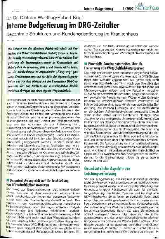 Vorschauseite 1: Interne Budgetierung im DRG-Zeitalter Dezentrale Strukturen und Kundenorientierung im Krankenhaus