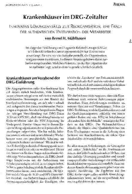 Vorschauseite 1: Krankenhäuser im DRG-Zeitalter Innovative Lösungsansätze zur Reorganisation, eine Frage der authentischen Partizipation der Mitarbeiter