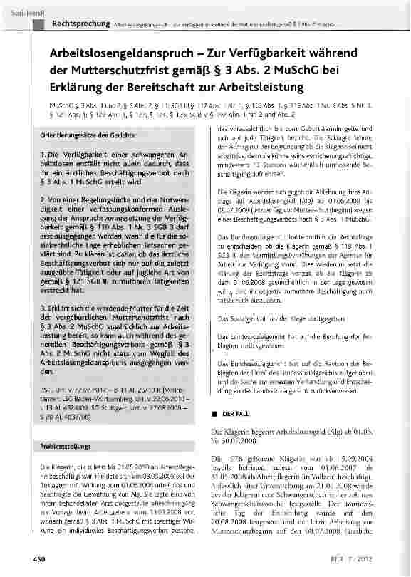 Vorschauseite 1: ArbeitsLosengeldanspruch - Zur Verfügbarkeit während der Mutterschutzfrist gemäß § 3 Abs. 2 MuSchG bei Erklärung der Bereitschaft zur Arbeitsleistung