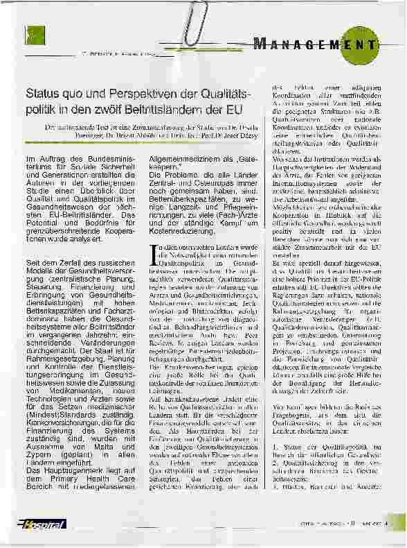 Vorschauseite 1: Status quo und Perspektiven der Qualitäts-politik in den zwö!f Beitrittsländern der EU