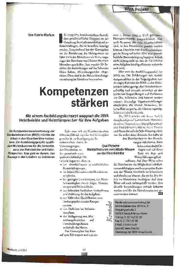 Vorschauseite 1: Kompetenzen stärken Mit einem Ausbildungskonzept wappnet die BIVA Heimbeiräte und Heimfürsprecher für ihre Aufgaben