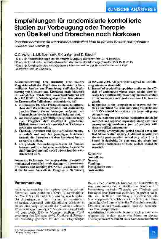 Vorschauseite 1: Empfehlungen für randomisierte kontrollierte Studien zur Vorbeugung oder Therapie von Übelkeit und Erbrechen nach Narkosen
