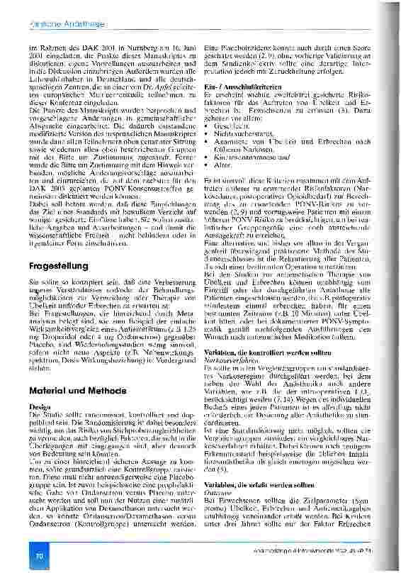 Vorschauseite 2: Empfehlungen für randomisierte kontrollierte Studien zur Vorbeugung oder Therapie von Übelkeit und Erbrechen nach Narkosen