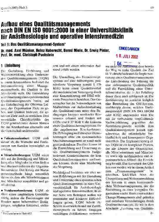 Vorschauseite 1: Aufbau eines Qualitätsmanagements nach DIN EN ISO 9001:2000 in einer Universitätsklinik für Anästhesiologie und operative Intensivmedizin Teil 1: Das Qualitätsmanagement-System