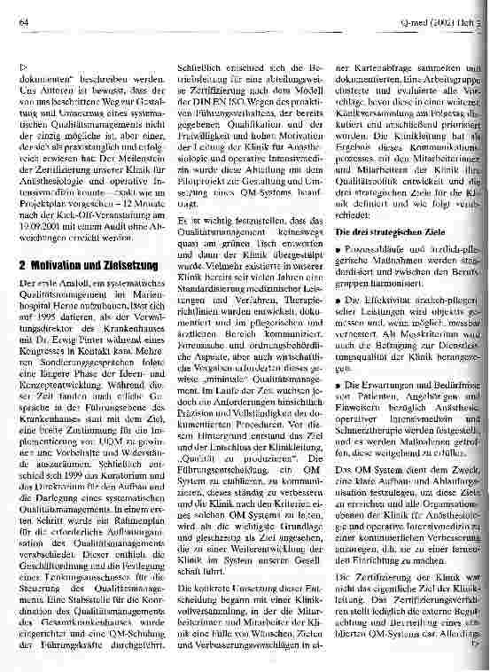Vorschauseite 2: Aufbau eines Qualitätsmanagements nach DIN EN ISO 9001:2000 in einer Universitätsklinik für Anästhesiologie und operative Intensivmedizin Teil 1: Das Qualitätsmanagement-System