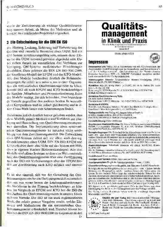 Vorschauseite 3: Aufbau eines Qualitätsmanagements nach DIN EN ISO 9001:2000 in einer Universitätsklinik für Anästhesiologie und operative Intensivmedizin Teil 1: Das Qualitätsmanagement-System
