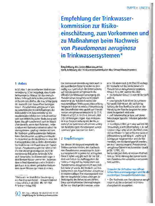 Vorschauseite 1: Emfpfehlung der Trinkwasserkommission zur Risikoeinschätzung, zum Vorkommen und zu Maßnahmen beim Nachweis von Pseudomonas aeruginosa in Trinkwassersystemen