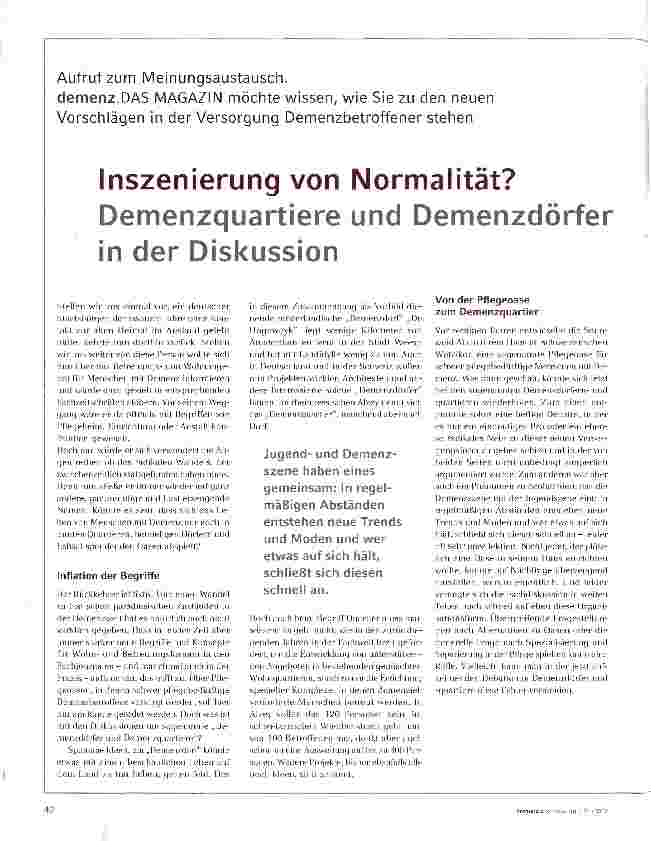 Vorschauseite 1: Inszenierung von Normalität? Demenzquartiere und Demenzdörfer in der Diskussion