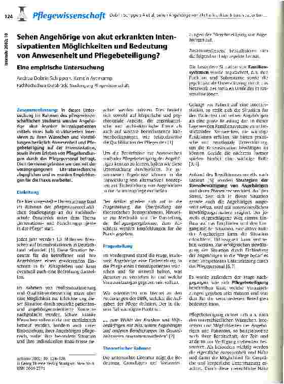 Vorschauseite 1: Sehen Angehörige von akut erkrankten Intensivpatienten Möglichkeiten und Bedeutung von Anwesenheit und Pflegebeteiligung? Eine empirische Untersuchung