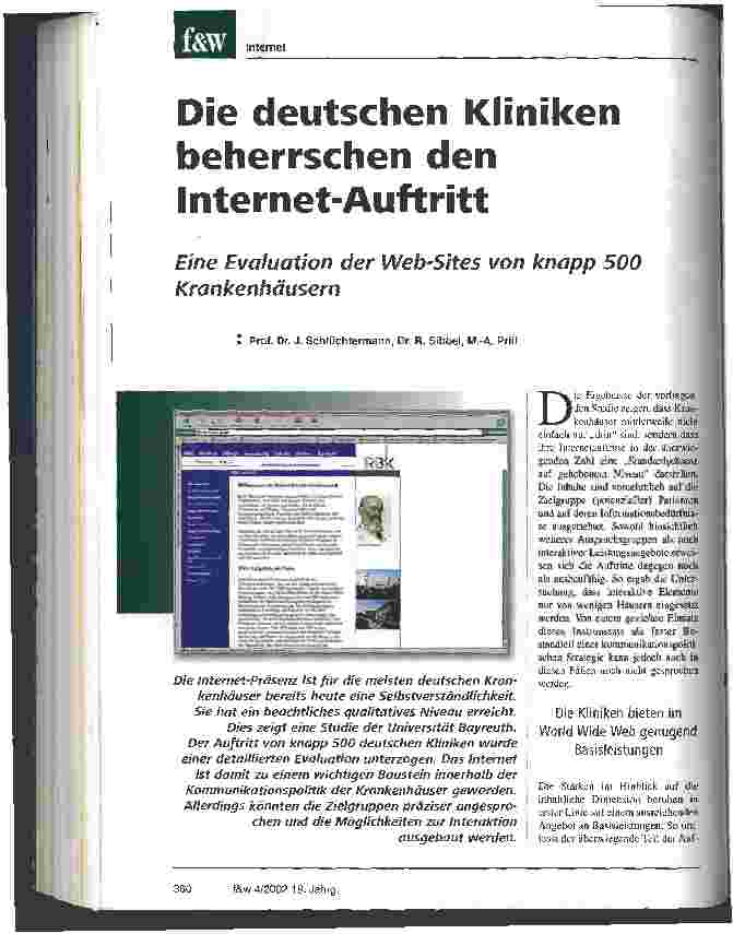 Vorschauseite 1: Die deutschen Kliniken beherrschen den Internet-Auftritt Eine Evaluation der Web-Sites von knapp 500 Krankenhäusern