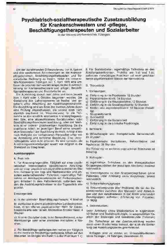 Vorschauseite 1: Psychiatrisch-sozialtherapeutische Zusatzausbildung für Krankenschwestern und -pfleger, Beschäftigungstherapeuten und Sozialarbeiter