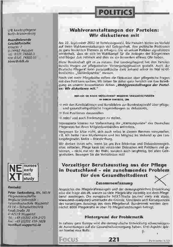 Vorschauseite 1: Vorzeitiger Berufsausstieg aus der Pflege in Deutschland - ein zunehmendes Problem für den Gesundheitsdienst