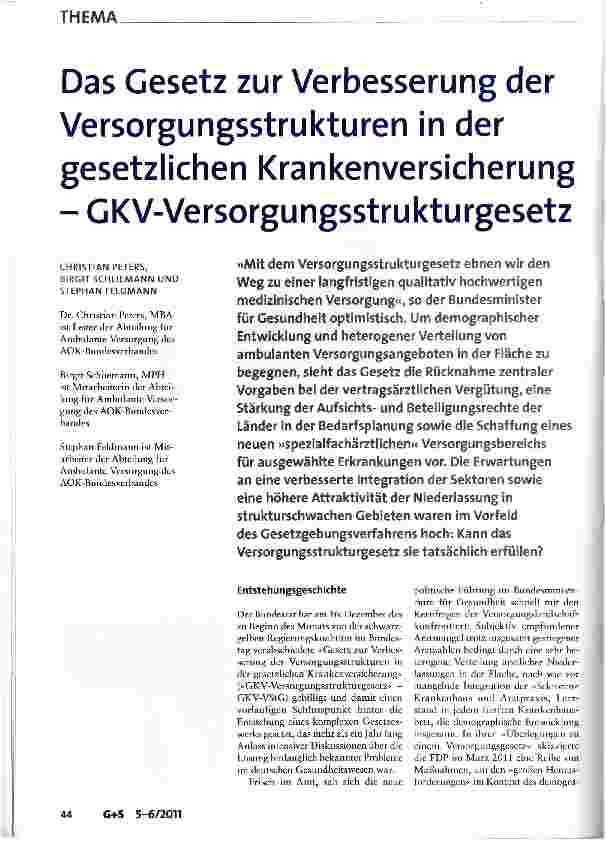 Vorschauseite 1: Das Gesetz zur Verbesserung der Versorgungsstrukturen in der gesetzlichen Krankenversicherung - GKV-Versorgungsstrukturgesetz