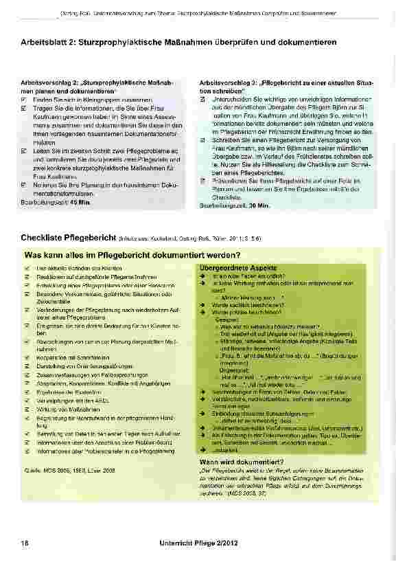 Vorschauseite 6: Unterrichtsvorschlag zum Thema: Sturzprophylaktische Maßnahmen überprüfen und dokumentieren