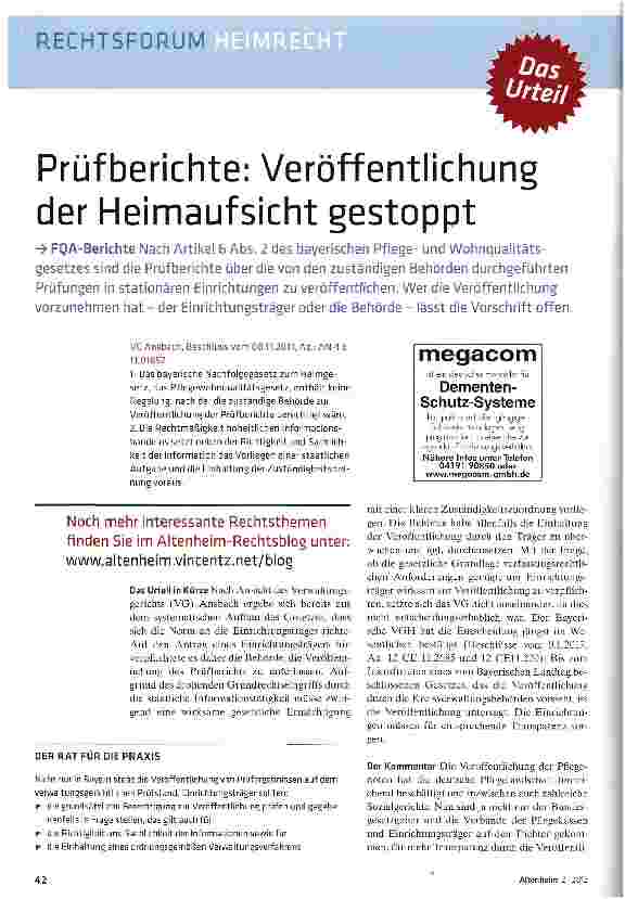 Vorschauseite 1: Prüfberichte: Veröffentlichung der Heimaufsicht gestoppt