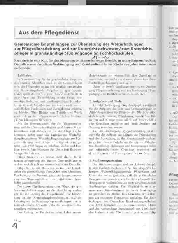 Vorschauseite 1: Gemeinsame Empfehlungen zur Überleitung der Weiterbildungen zur PDL und zur Unterrichtsschwester in grundständigen Studiengängen an