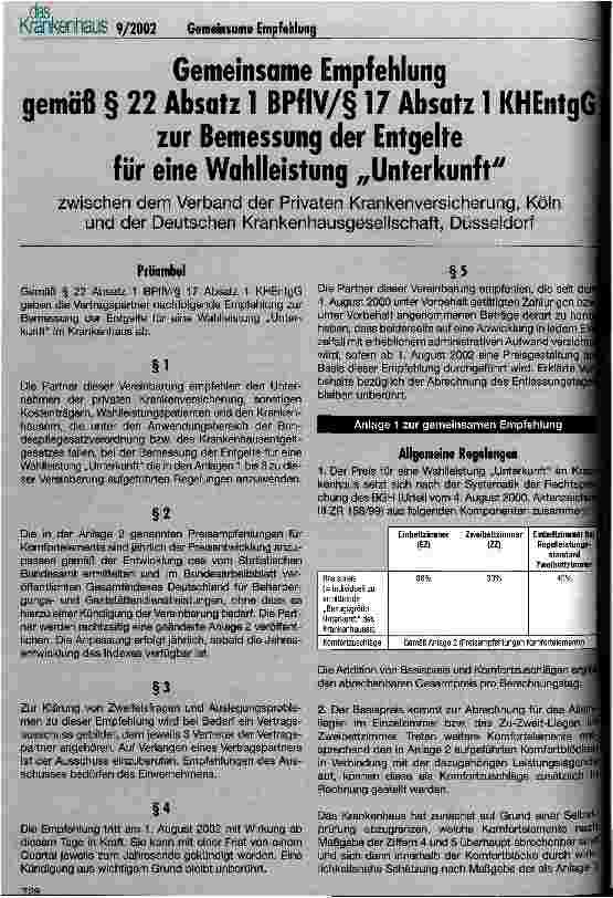 Vorschauseite 1: Gemeinsame Empfehlung gemäß § 22 Absatz 1 BPflV/§ 17 Absatz 1 KHEngG zur Bemessung der Entgelte für die Wahlleistung Unterkunft zwischen dem Verband der Privaten Krankenversicheru…
