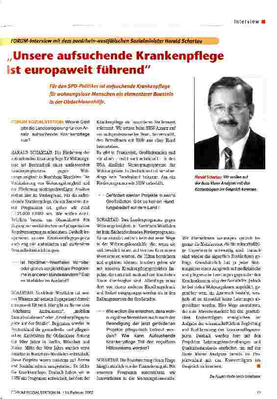 Vorschauseite 1: Unsere aufsuchende Krankenpflege ist europaweit führend FORUM-Interview mit dem nordrhein-wesfälischen Sozialminister Harald Schartau
