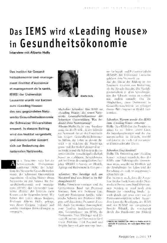 Vorschauseite 1: Das IEMS wird «Leading House» in Gesundheitsökonomie