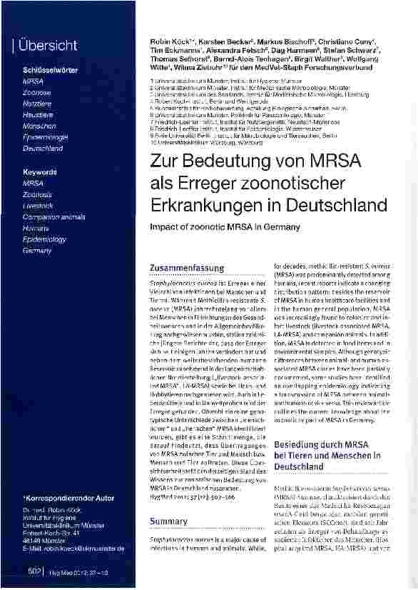 Vorschauseite 1: Zur Bedeutung von MRSA als Erreger zoonotischer Erkrankungen in Deutschland