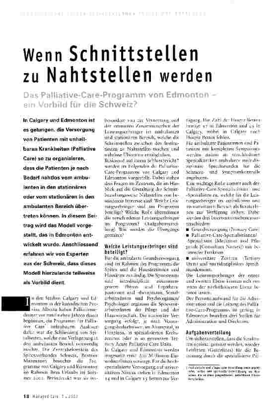 Vorschauseite 1: Wenn Schnittstellen zu Nahtstellen werdenDas Palliative-Care-Programm von Edmonton -ein Vorbild für die Schweiz?