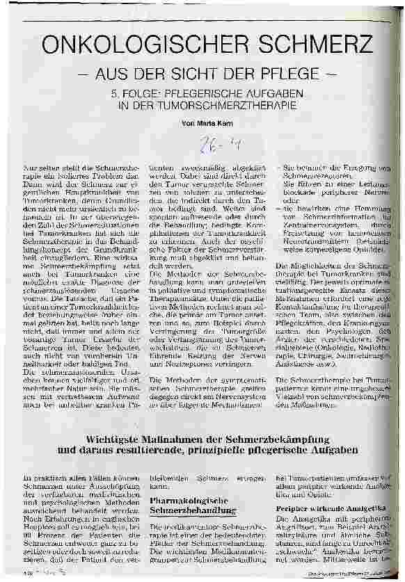 Vorschauseite 1: Onkologischer Schmerz - aus der Sicht der Pflege 5. Folge: Pflegerische Aufgaben in der Tumorschmerztherapie