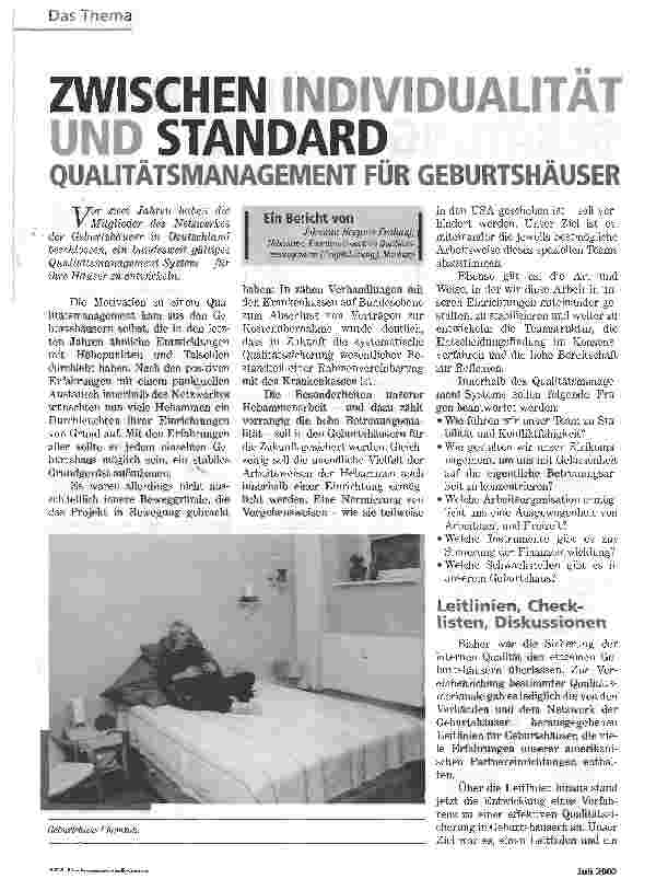 Vorschauseite 1: ZWISCHEN INDIVIDUALITÄT UND STANDARDQUALITÄTSMANAGEMENT FÜR GEBURTSHÄUSER