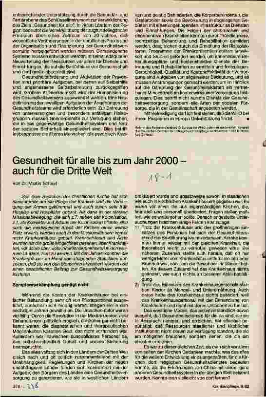 Vorschauseite 1: Gesundheit für alle bis zum Jahr 2000 - auch für die dritte Welt