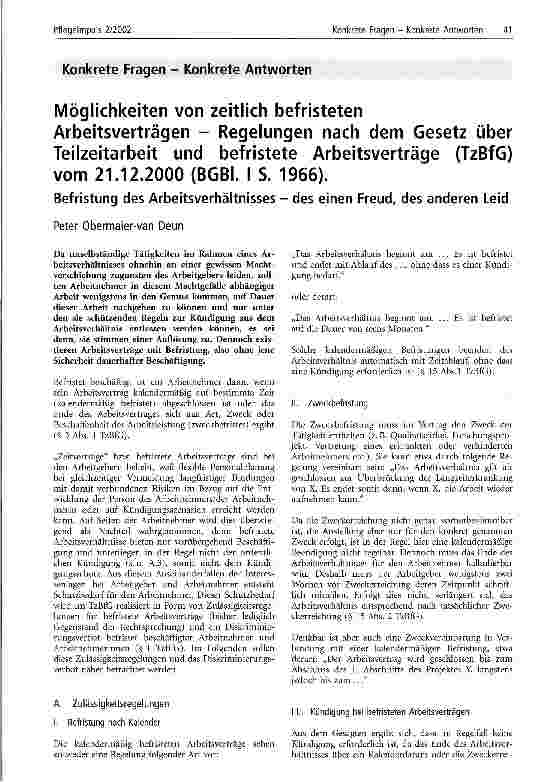 Vorschauseite 1: Möglichkeiten von zeitlich befristeten Arbeitsverträgen Regelungen nach dem Gesetz über Teilzeitarbeit und befristete Arbeitsverträge (TzBfG)