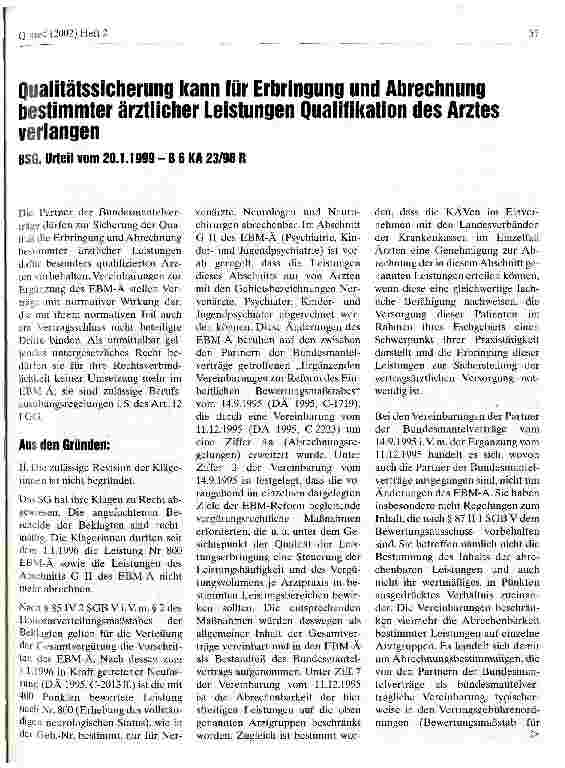 Vorschauseite 1: Qualitätssicherung kann für Erbringung und Abrechnung bestimmter ärztlicher Leistungen Qualifiaktion des Arztes verlangen