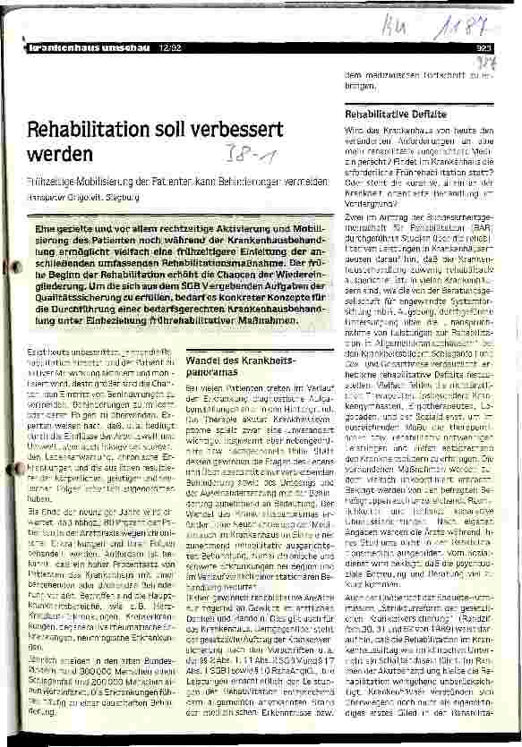 Vorschauseite 1: Rehabilitation soll verbessert werden Frühzeitige Mobilisierung der Patienten kann Behinderungen vermeiden