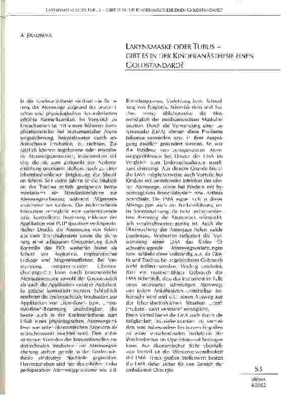 Vorschauseite 1: Larynxmaske oder Tubus - gibt es in der Kinderanästhesie einen Goldstandard?
