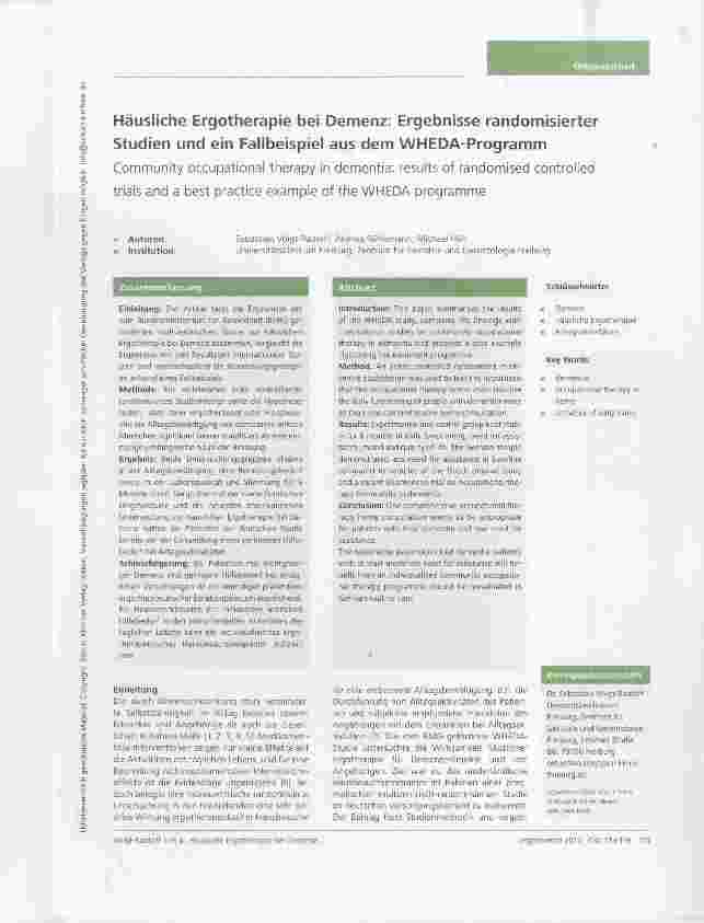 Vorschauseite 1: Häusliche Ergotherapie bei Demenz: Ergebnisse randomisierter Studien und ein Fallbeispiel aus dem WHEDA-Programm