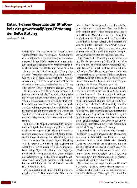 Vorschauseite 1: Entwurf eines Gesetzes zur Strafbarkeit der gewerbsmäßigen Förderung der Selbsttötung