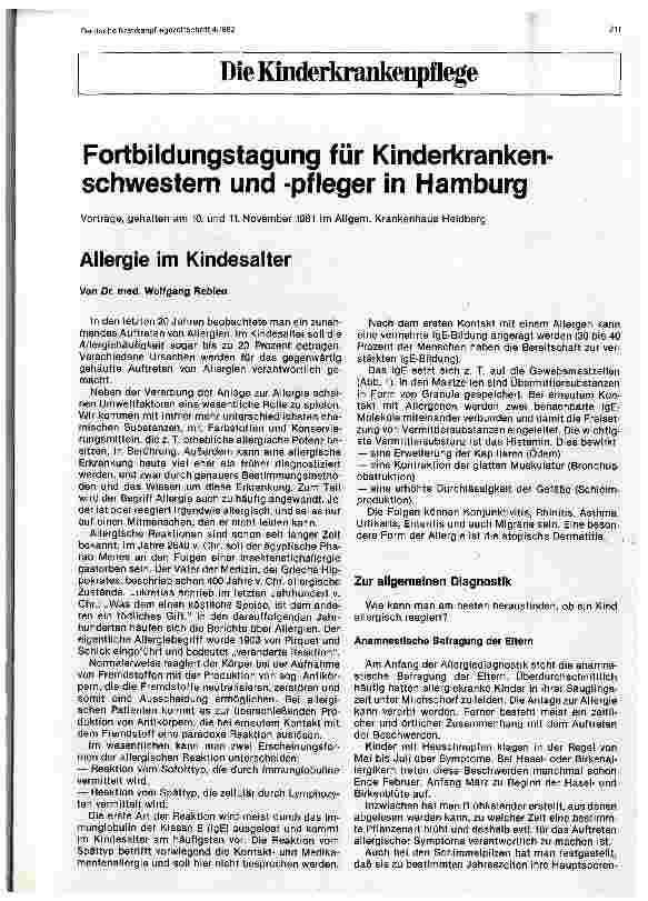 Vorschauseite 1: Die Kinderkrankenpflege - Fortbildungstagung für Kinderkrankenschwestern und -pfleger in Hamburg - Allergie im Kindesalter