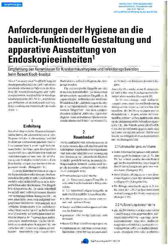 Vorschauseite 1: Anforderungen der Hygiene an die baulich-funktionelle Gestaltung und apparative Ausstattung von Endoskopieeinheiten Empfehlung der Kommmission für Krankenhaushygiene und Infektion…