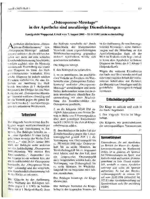 Vorschauseite 1: Osteoporose-Messtage in der Apotheke sind unzulässige Dienstleistungen Langegericht Wuppertal, Urteil vom 7. August 2001