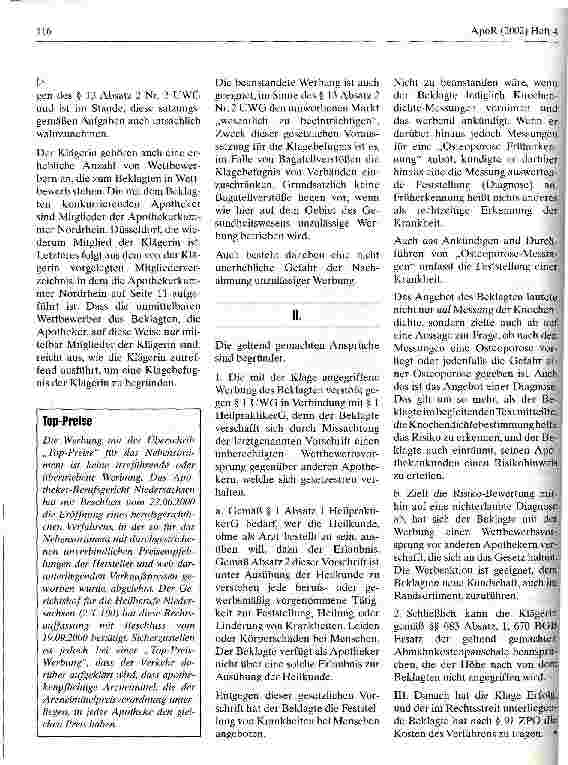 Vorschauseite 2: Osteoporose-Messtage in der Apotheke sind unzulässige Dienstleistungen Langegericht Wuppertal, Urteil vom 7. August 2001
