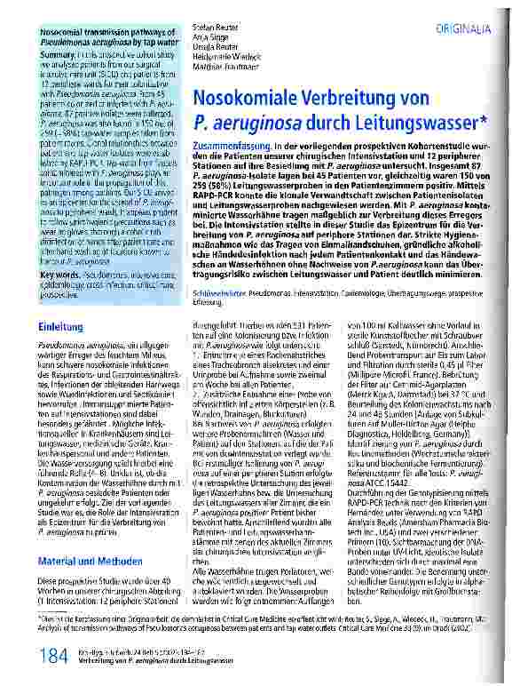 Vorschauseite 1: Nosokomiale Verbreitung von P. aeruginosa durch Leitungswasser