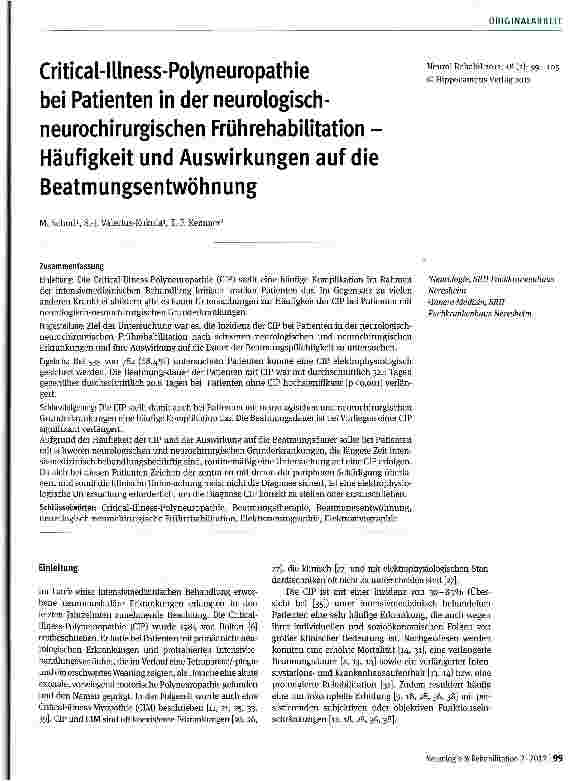 Vorschauseite 1: Critical-Illness-Polyneuropathie bei Patienten in der neurologisch-neurochirurgischen Frührehabilitation -Häufigkeit und Auswirkungen auf die Beatmungsentwöhnung