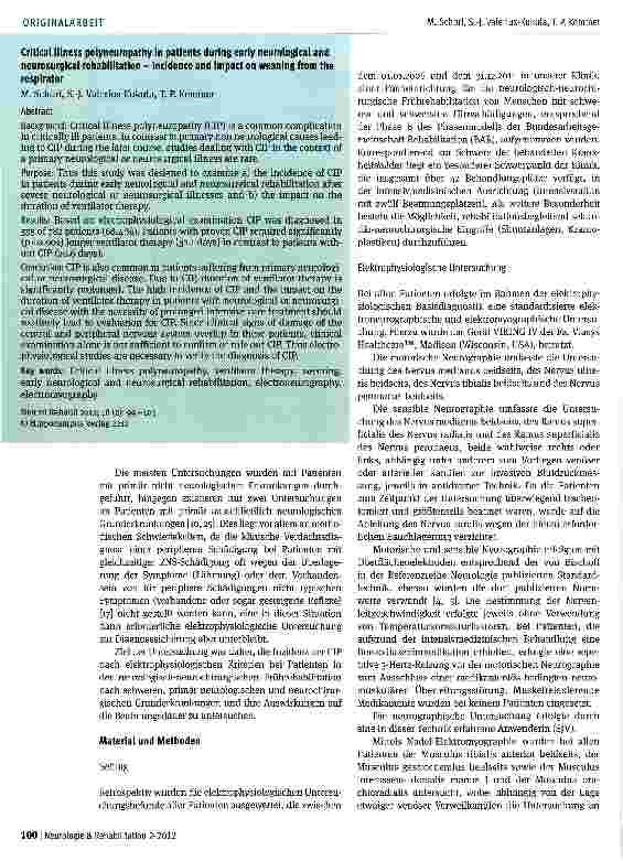 Vorschauseite 2: Critical-Illness-Polyneuropathie bei Patienten in der neurologisch-neurochirurgischen Frührehabilitation -Häufigkeit und Auswirkungen auf die Beatmungsentwöhnung