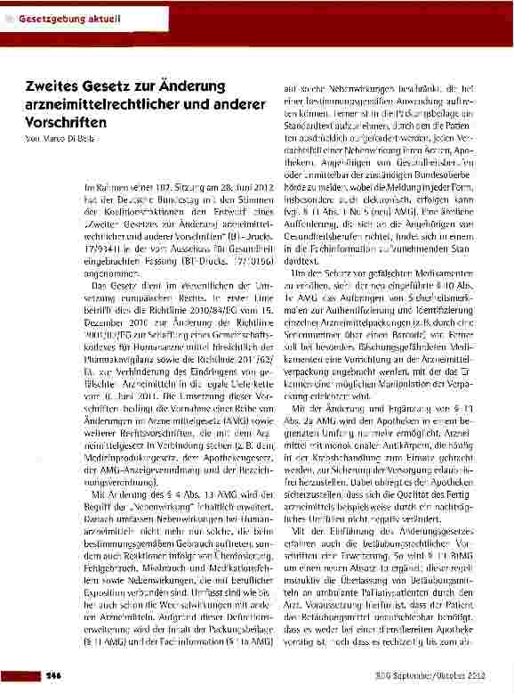 Vorschauseite 1: Zweites Gesetz zur Änderung arzneimittelrechtlicher und anderer Vorschriften