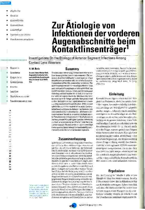 Vorschauseite 1: Zur Ätiologie von Infektionen der vorderen Augenabschnitte beim Kontaktlinsenträger
