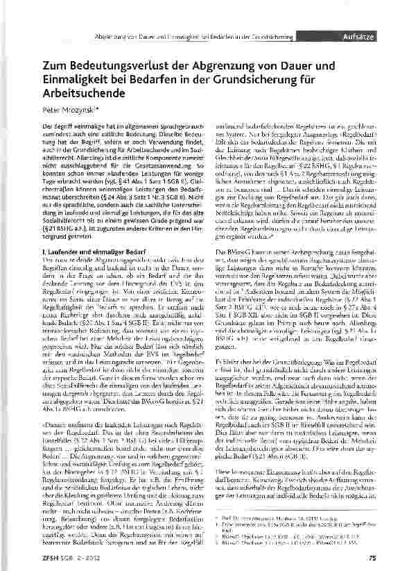 Vorschauseite 1: Zum Bedeutungsverlust der Abgrenzung von Dauer und Einmaligkeit bei Bedarfen in der Grundsicherung für Arbeitsuchende