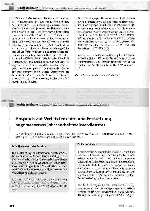 Vorschauseite 1: Anspruch auf Verietztenrente und Festsetzung angemessenen Jahresarbeitszeitverdienstes