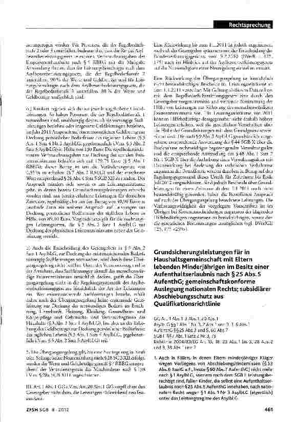 Vorschauseite 1: Grundsicherungsleistungen für in Haushaltsgemeinschaft mit Eltern lebenden Minderjährigen im Besitz einer Aufenthaltserlaubnis nach §25 Abs. 5 AufenthG; gemeinschaftskonforme Ausl…