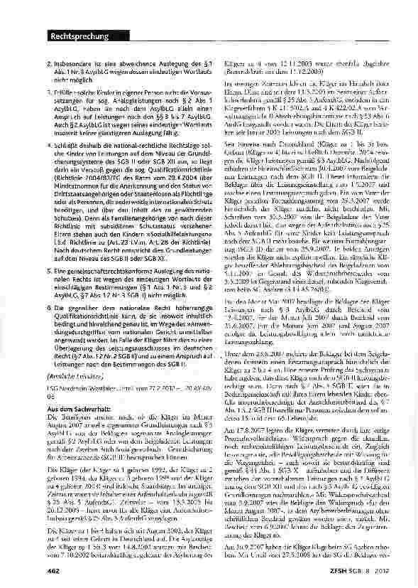 Vorschauseite 2: Grundsicherungsleistungen für in Haushaltsgemeinschaft mit Eltern lebenden Minderjährigen im Besitz einer Aufenthaltserlaubnis nach §25 Abs. 5 AufenthG; gemeinschaftskonforme Ausl…