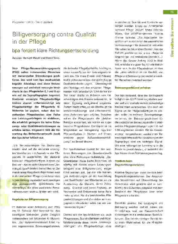 Vorschauseite 1: Billigversorgung contra Qualität in der Pflege