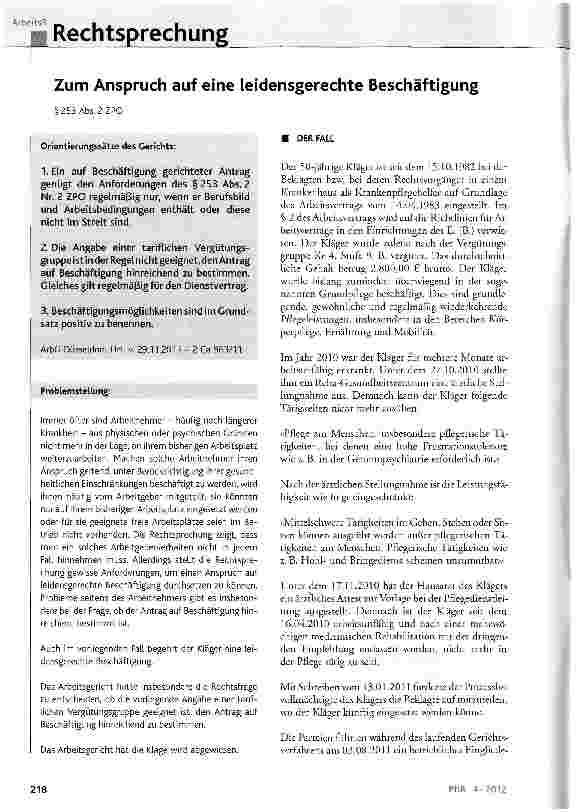 Vorschauseite 1: Zum Anspruch auf eine leidensgerechte Beschäftigung §253 Abs. 2 ZPO