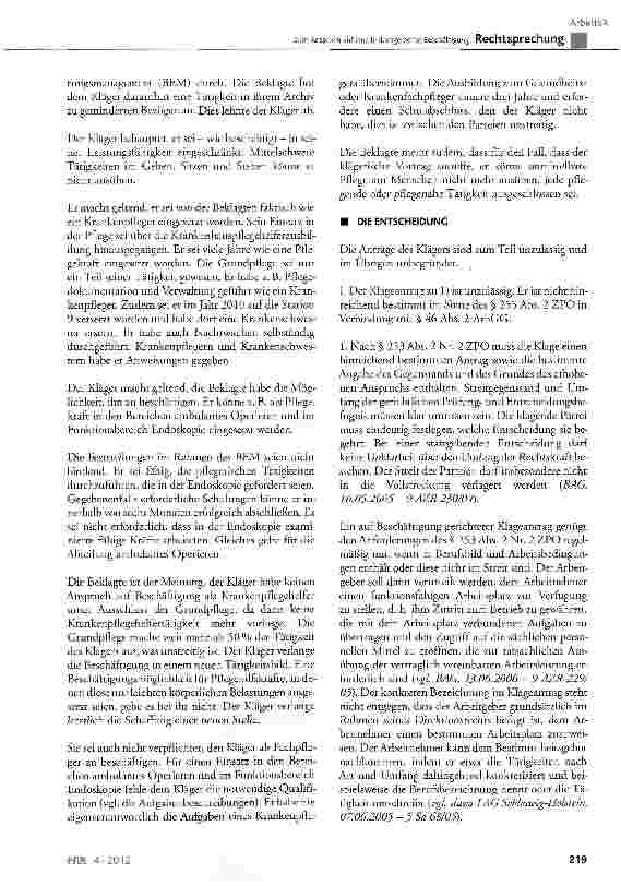 Vorschauseite 2: Zum Anspruch auf eine leidensgerechte Beschäftigung §253 Abs. 2 ZPO
